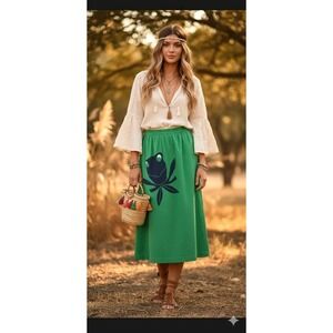 Vintage 1970s Retro High Waist Frog Midi Skirt Applique Green Funky Boho Indie S